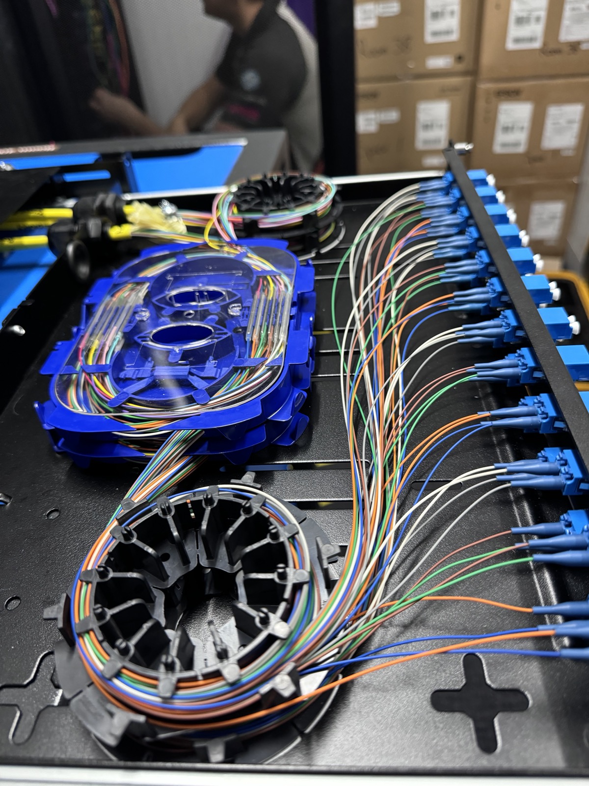 Fibre enclosure assembly on the workshop bench.