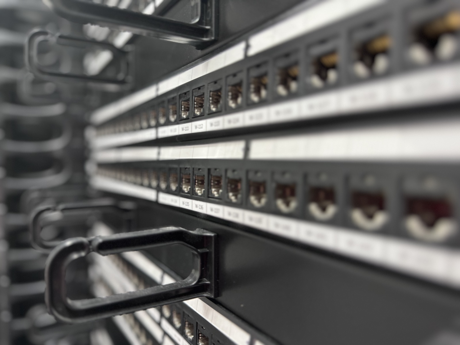 Terminated patch panel, every port labelled.