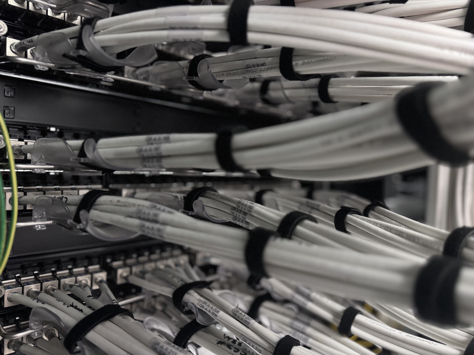 Labelled Cat6A bundles dressed into the rack.